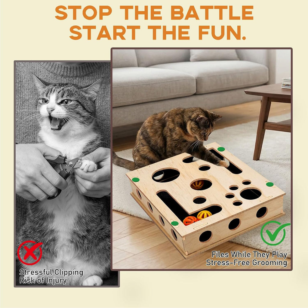 Cat Scratch Puzzle Enrichment Box with Bell Ball, Large Cat Nail File Enrichment Box with Sandpaper Liner, Stress-Free Alternative to Trimming Nails, for Indoor Cats