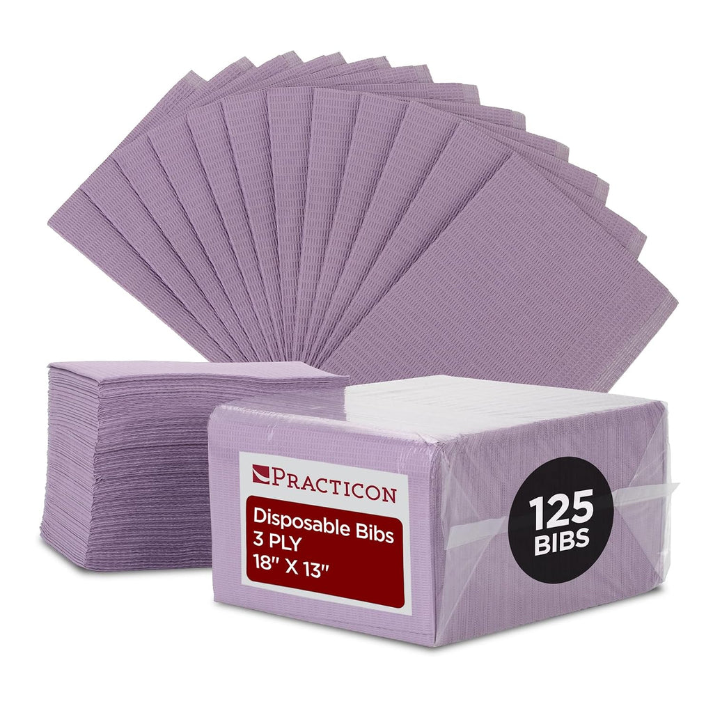Practicon 125 Pack White Disposable Patient Bibs, 18" x 13", 3 Ply Waterproof Paper Bib Sheet with Poly Back, Dental, Medical, Tattoo, Nail Tray or Table Cover, 125 Pack