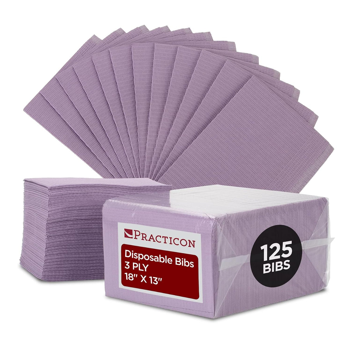 Practicon 125 Pack White Disposable Patient Bibs, 18" x 13", 3 Ply Waterproof Paper Bib Sheet with Poly Back, Dental, Medical, Tattoo, Nail Tray or Table Cover, 125 Pack