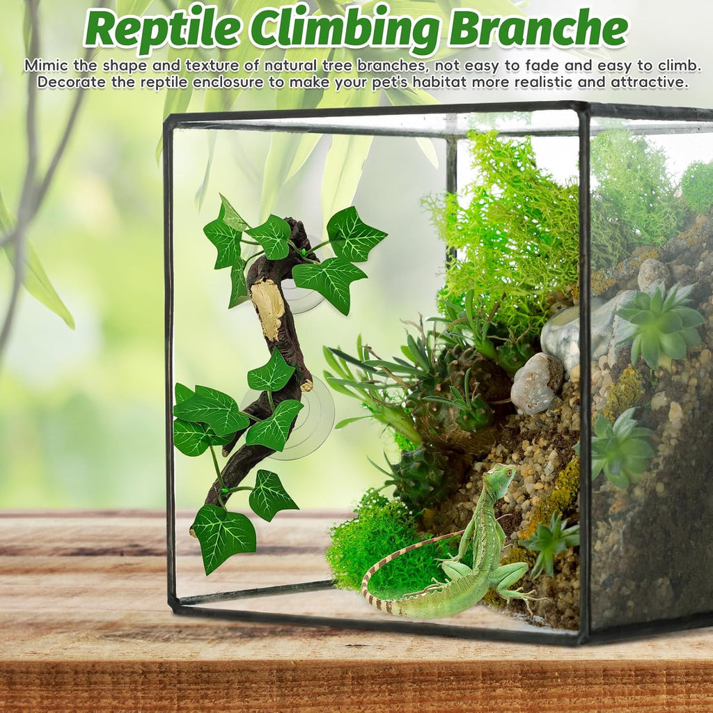 PINVNBY 2 PCS Reptile Corner Branch Terrarium Plant Decoration with Suction Cup Resin Plant for Amphibian Lizard Snake Climbing