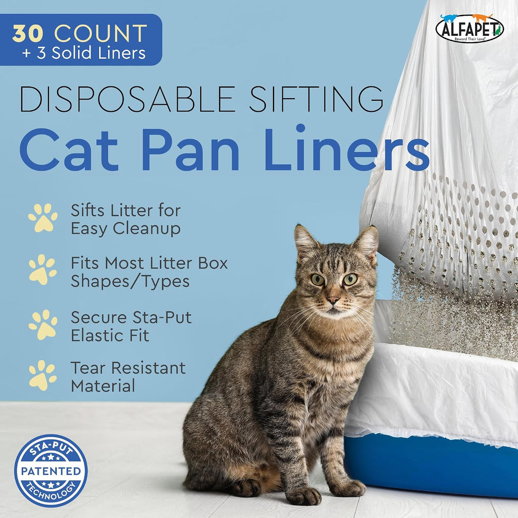 Alfapet Sifting Cat Litter Box Liners - Jumbo 30 Count, Pack of 5 - Tear-Resistant Cat Litter Bags, Waterproof Kitty Litter Liners, Fits Litterbox Pan Sizes X-Large, X-Giant, 37" x 18" 30 lb Capacity