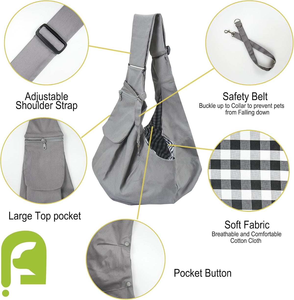 Pet Sling Carrier Adjustable Shoulder Strap Puppy Tote Hands Free Reversible Pet Backpack for Outdoor Travel Grey