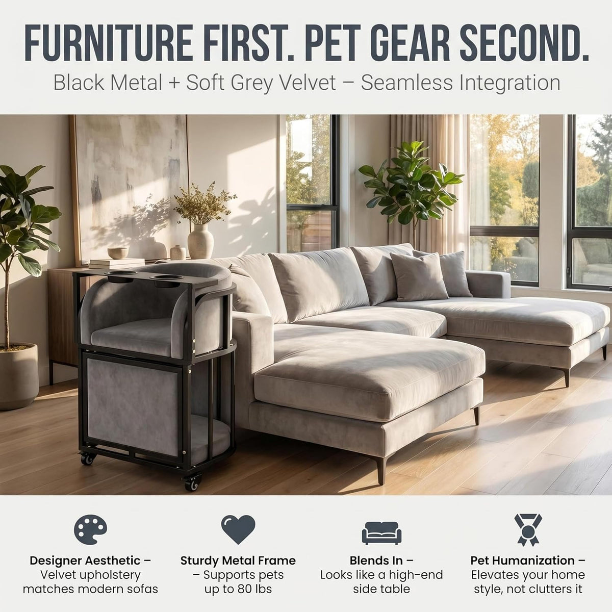 Dog Window Perch with Stairs – 6-in-1 Velvet Pet Sofa with Ramp, Detachable Feeding Tray, Privacy Blackout Curtain, 360° Locking Wheels & Memory Foam Cushion for Small Dogs and Cats.