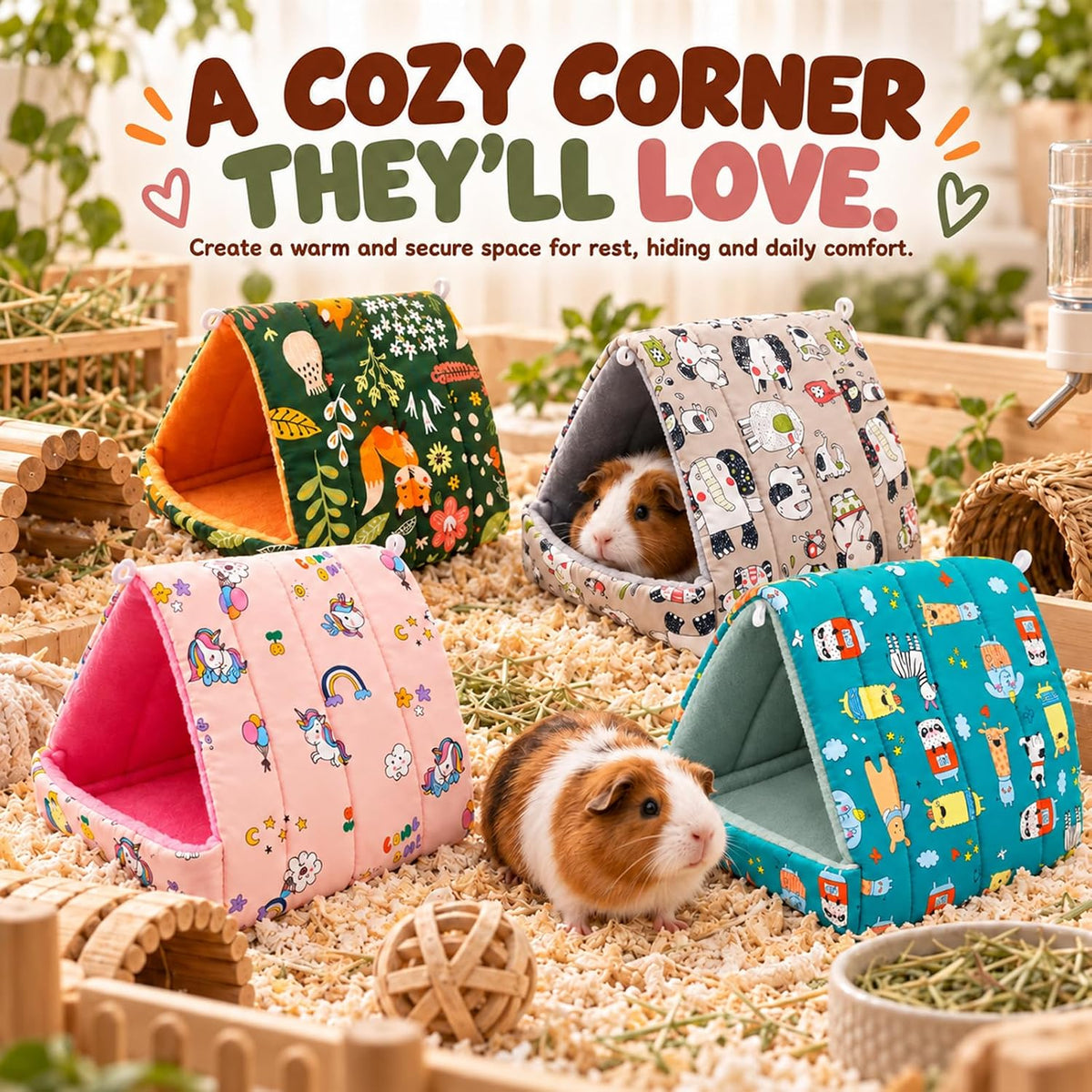 4 Pack Guinea Pig Hideout Bed, 4 Colors Soft Small Animal Houses with Removable Washable Pads, Cozy Guinea Pig Cave for Bunny, Dwarf Rabbit, Hedgehog and Chinchilla