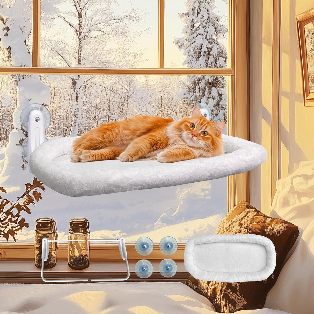 L&W BROS. Cat Window Perch Cushion Bed Hammock with 4 Updated Suction Cups Easy to Assemble Cat Window Bed for Heavy Large Cats (M 1Pc)