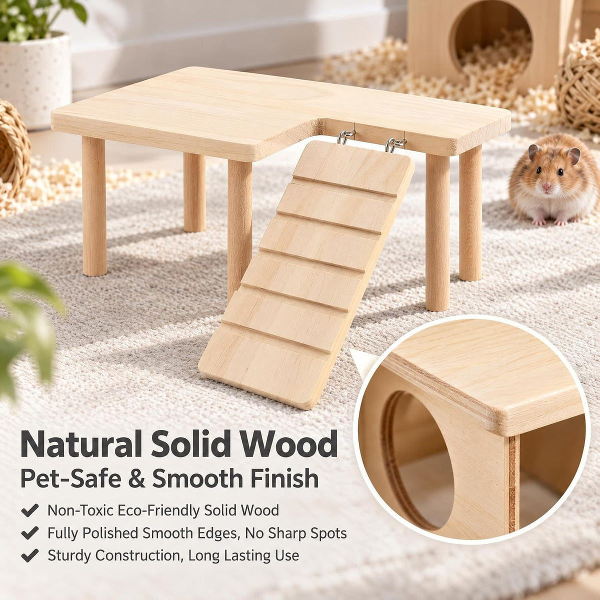 Hamster Hideout and Platform Set, Wooden 2-Chamber Hamster Tunnel