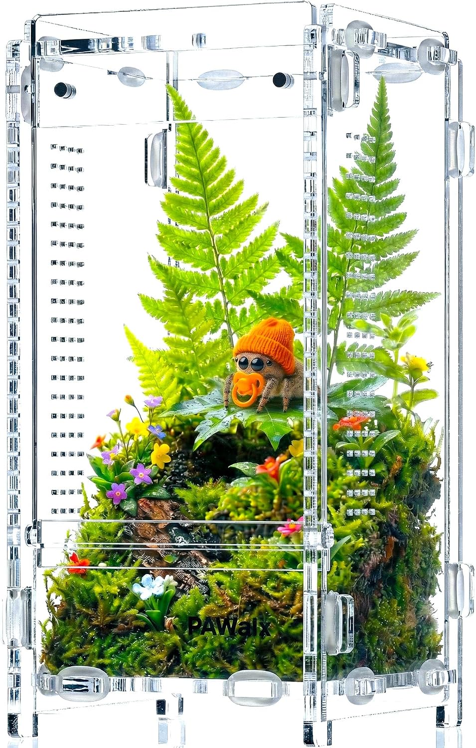 Jumping Spider Enclosure, Acrylic Terrarium with with Magnetic Doors, 0.8mm Micro-Ventilation, Stackable Escape-Proof Habitat for Jumping Spiders, Tarantulas & Small Reptiles, 4.7"x4.7"x8"
