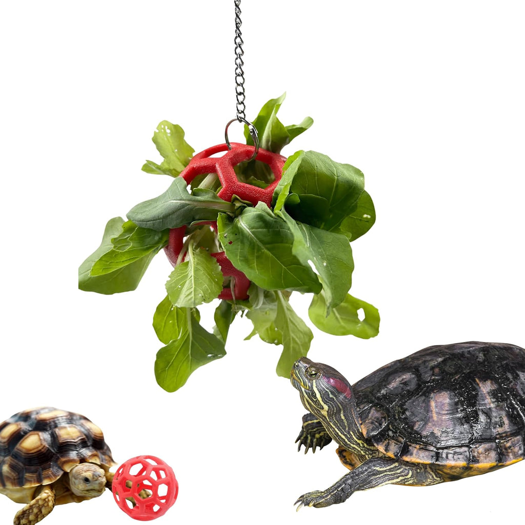 Turtle Feeder Ball with Chain, Hanging Tortoise Treat Ball, Turtle Enrichment Toys, Tortoise Hay Holder, Foraging Food Toy for Small Pet Rabbit Bunny Guinea Pig, Tortoises Accessories (Red Ball)