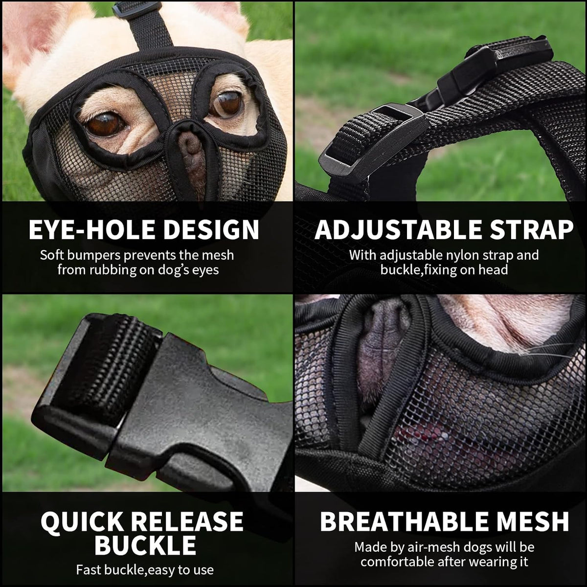 Short Snout Dog Muzzle - Adjustable Breathable Mesh Dog Mask for Bulldog, Biting, Chewing, Training, Licking and Grooming (S(9"-12"), Black)
