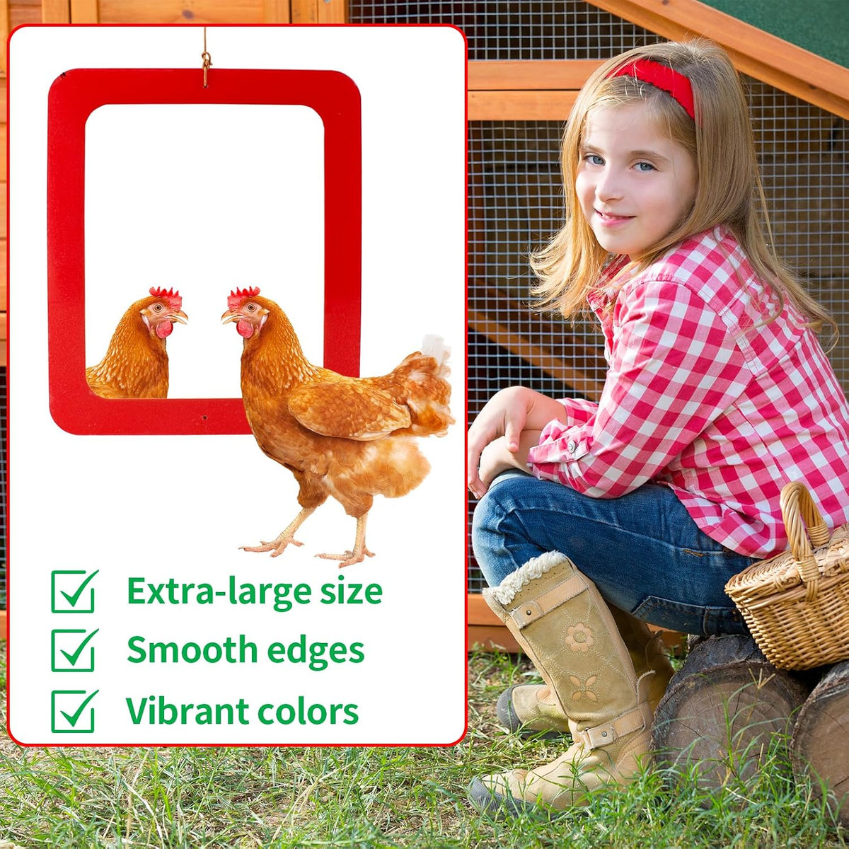 FlidRunest Extra-Large Size Chicken Mirror Toys for Coop, 11.8'' x 9.8'' Hanging Chicken Enrichment Swing Mirror Acrylic, Double-Sided Coop Accessories for Hens Birds Parrots Roosters Red