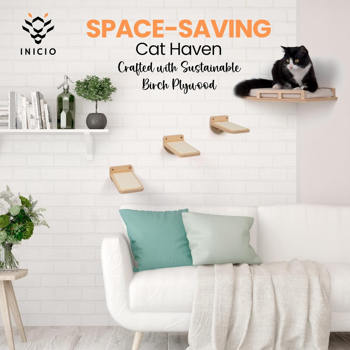 INICO Cat Wall Shelves and Feeding Shelf Bundle - Wall Mounted Cat Furniture with Climbing Shelves and Pet Feeder – Durable and Easy to Install Birch Pet Stairs for Up to 15lbs Cats - Wood Brown