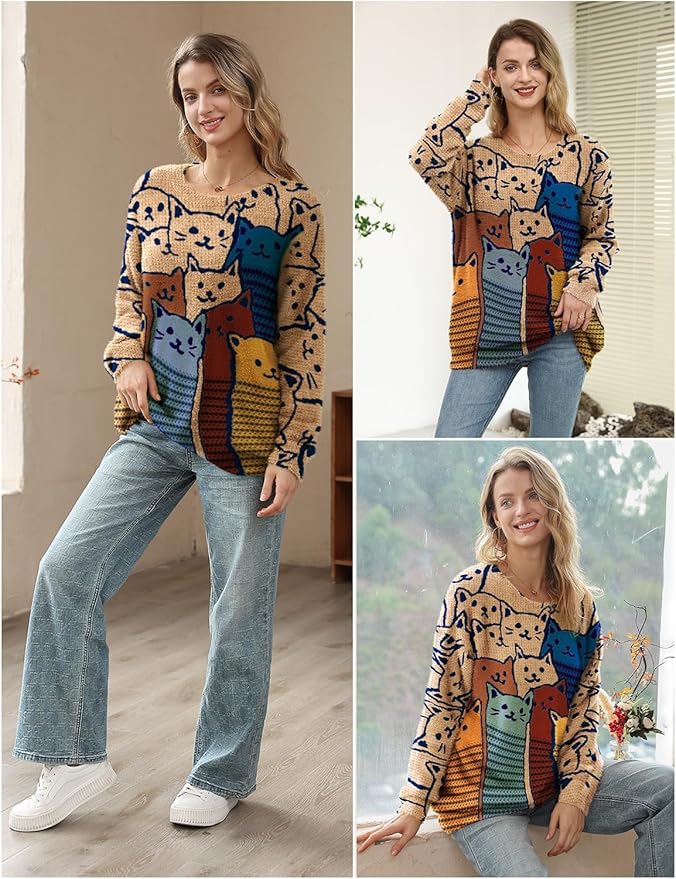 YESNO Women Christmas Sweater Graphic Printed Oversized Pullover Sweaters - Image 4
