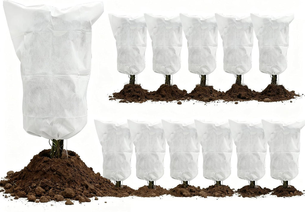 EAONE 12 Pack Plant Covers Freeze Protection, 32x47'' Winter Frosts Cloth for Outdoor Plants, Reusable Frost Blankets Drawstring Bags for Cold Freeze Sun Protection Bird Insect Prevention,White
