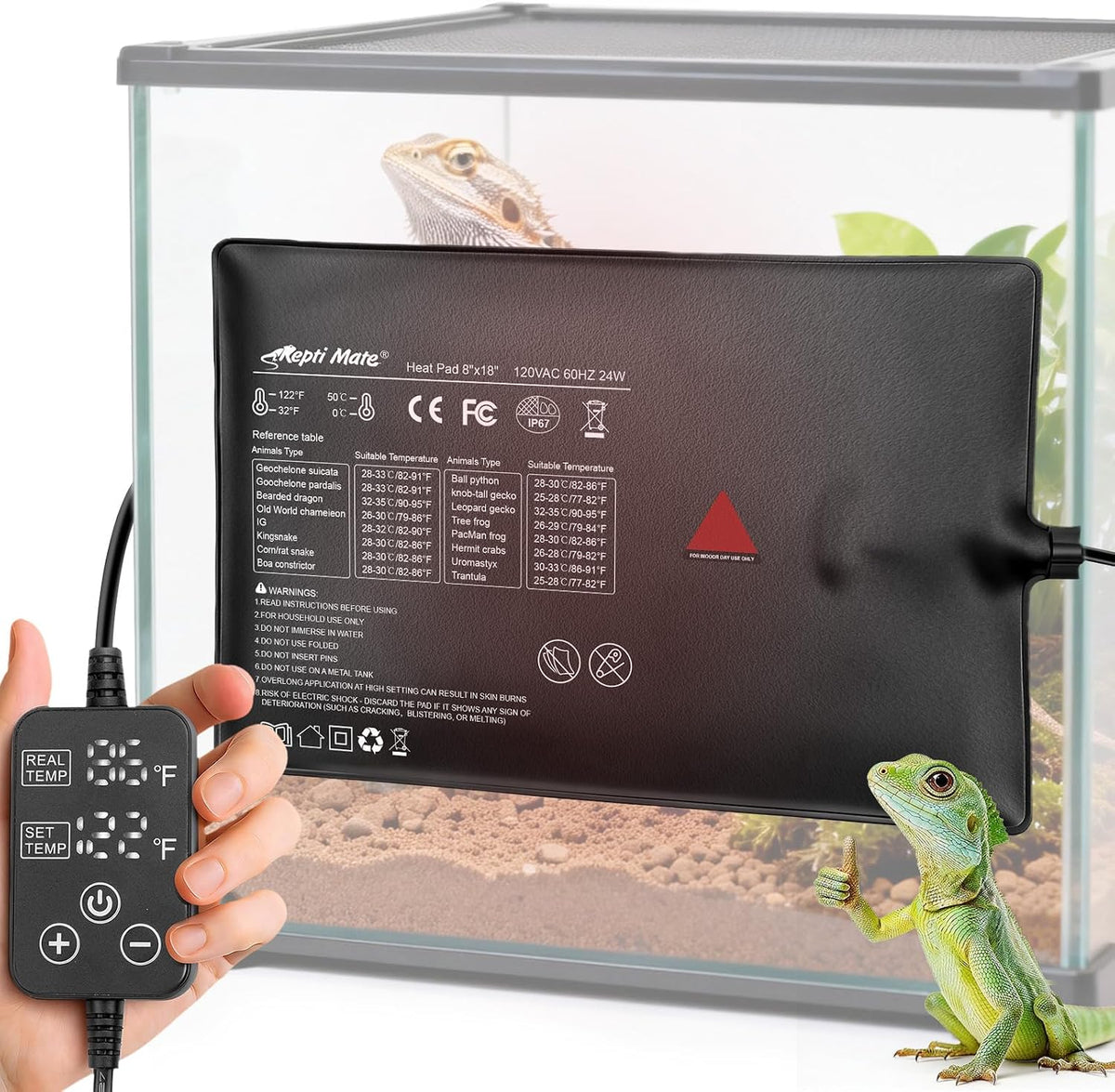 Reptile Heating Pad with Internal Sensor&Thermostat, 8" x 18" 24W Under Tank Heater Mat for 10-40 Gallon Tanks, IP67 Waterproof Safe Heat for Turtles, Bearded Dragons, Snakes, Lizards and Seedling