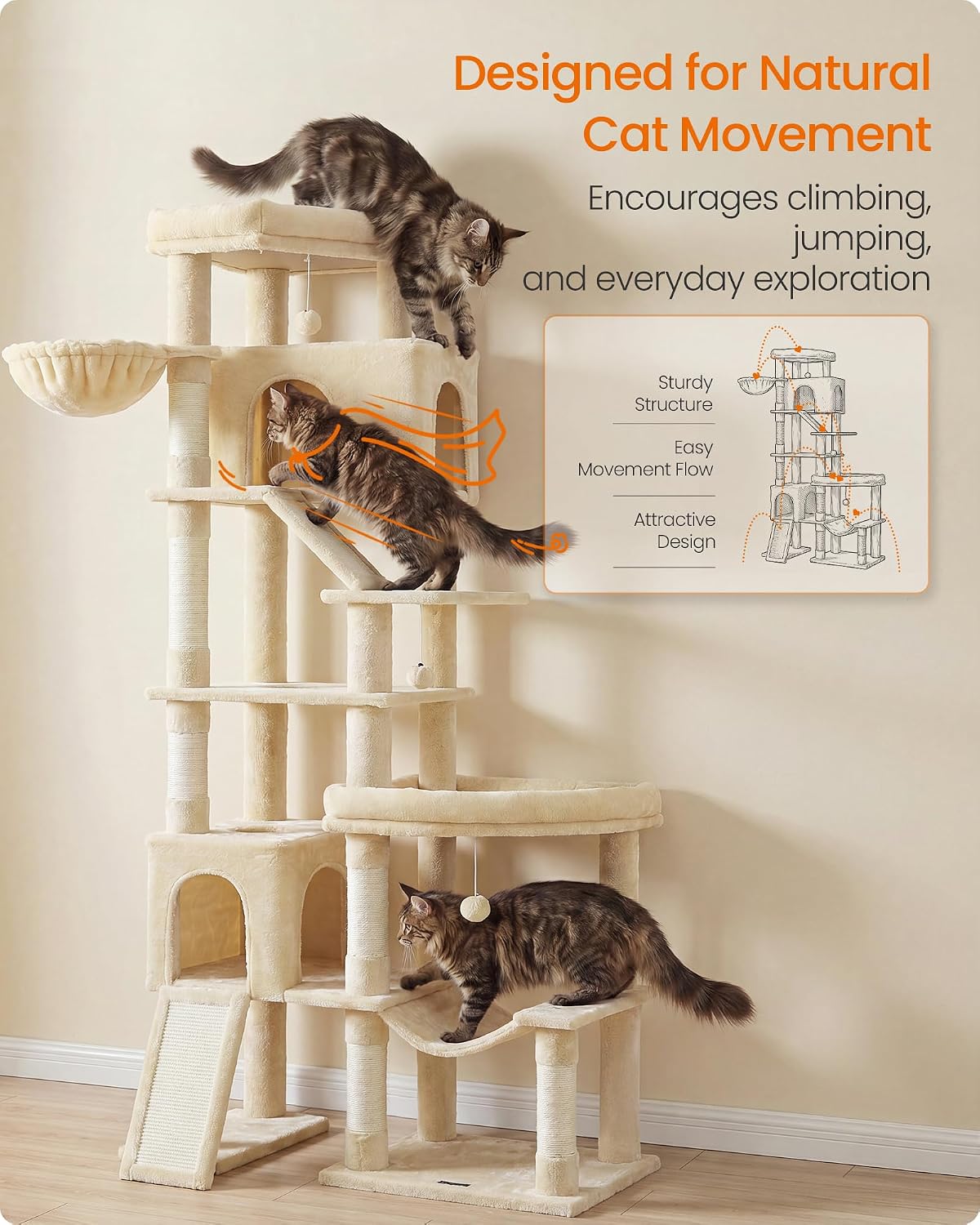 Feandrea Cat Tree, 79.5" Heavy Duty Cat Tower Condo for Indoors, Beige