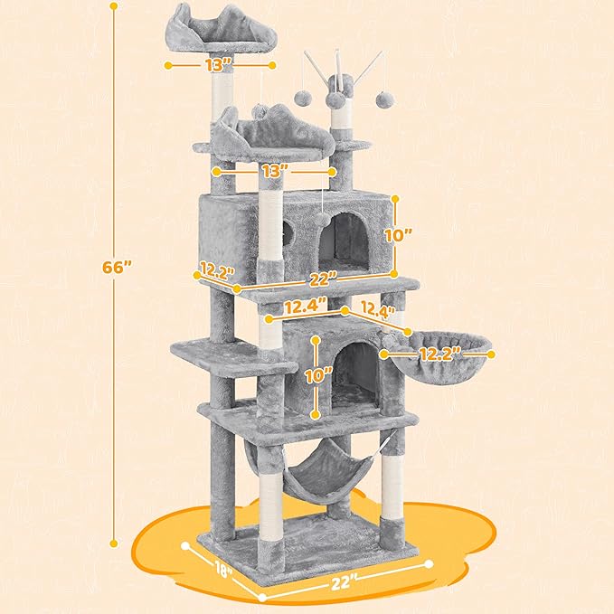 Yaheetech Cat Tree, 67in Large Tower w/ 3 Removable Teaser Sticks, 2 Kitten-Ear - Image 3