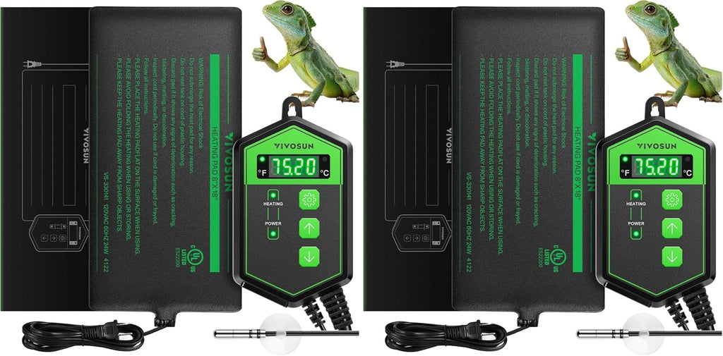 VIVOSUN Reptile Heating Pad 6x8 Inch with Thermostat Combo Under Tank Terrarium Heating Mat for Turtles, Lizards, Frogs, and Other Reptiles (Pack of 2)