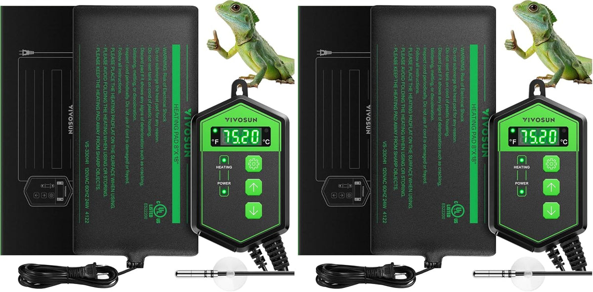 VIVOSUN Reptile Heating Pad 6x8 Inch with Thermostat Combo Under Tank Terrarium Heating Mat for Turtles, Lizards, Frogs, and Other Reptiles (Pack of 2)