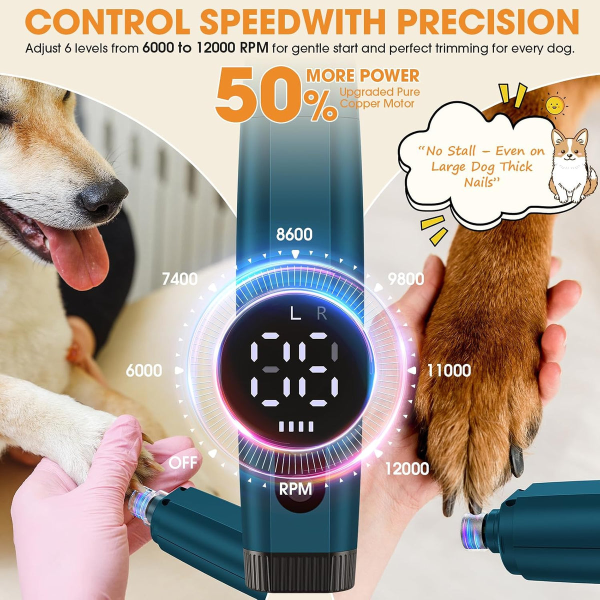 ATESON Dog Nail Grinder with LED Light, 6-Speed Quiet Electric Pet Nail Trimmers, Forward/Reverse, Electric Dog Nail Trimmer, 2000mAh Battery 8H Runtime, 95% Dust Capture for Dogs & Cats