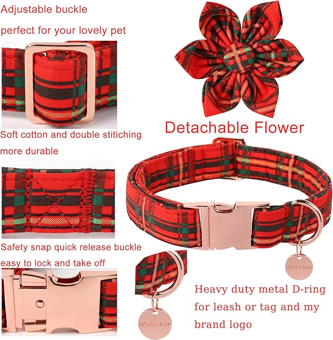 Christmas Dog Collar with Flower, Cotton Christmas Plaid Collar - Image 3