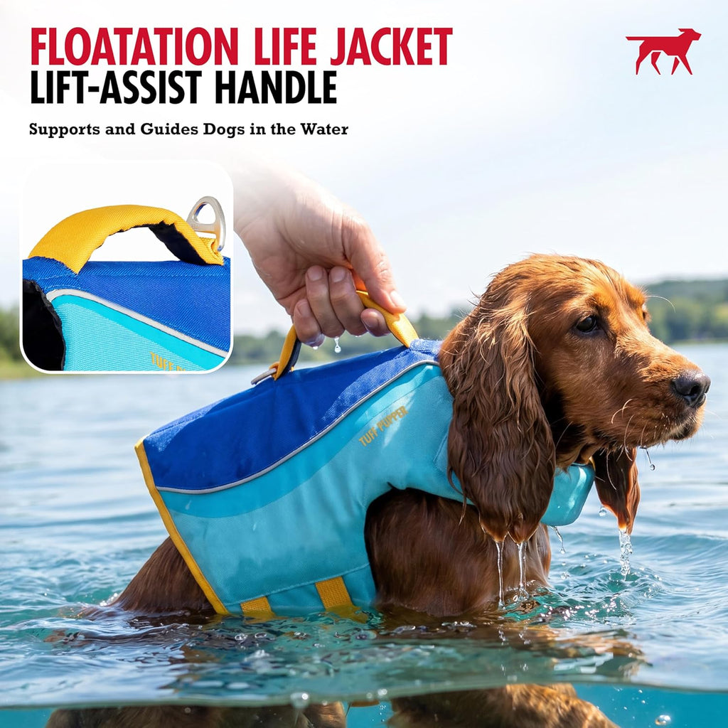 Tuff Pupper Dog Life Jacket | High Buoyancy Dog Swim Vest with Rescue Handle | Adjustable Secure Fit | Reflective Safety Trim | Pet Flotation Jacket for Swimming Boating Kayaking (Blue/Yellow, XXS)