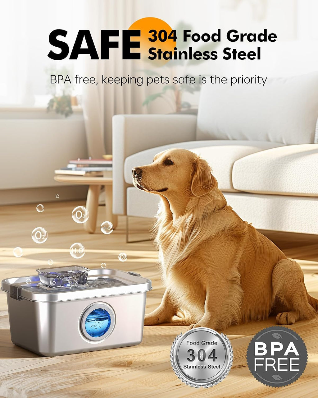 PETIMI Cat & Dog Water Fountain, 2 Gallon 304 Food Grade Stainless Steel Pet Water Fountain, Ultra Quiet Dog Water Bowl Dispenser, Safety Lock, Smart Water Pump Protection