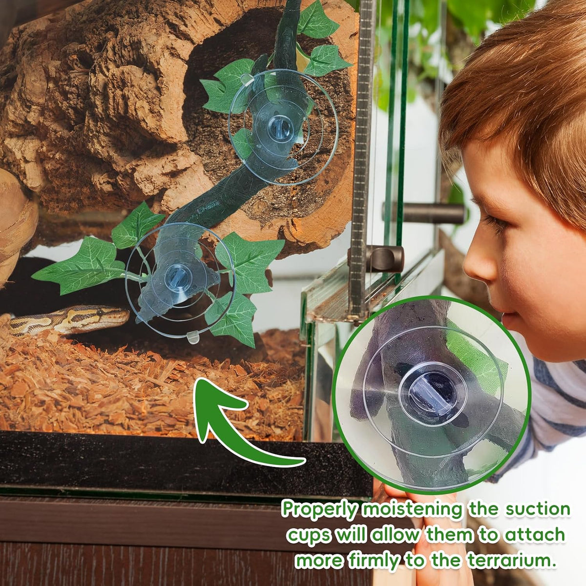 PINVNBY 2 PCS Reptile Corner Branch Terrarium Plant Decoration with Suction Cup Resin Plant for Amphibian Lizard Snake Climbing