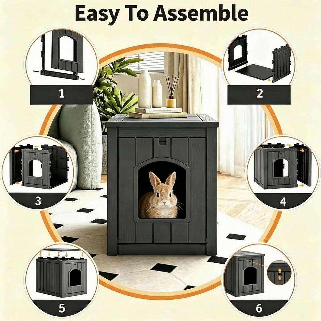 Rabbit Hideout Small Animal Habitat,Litter Box Enclosure Resin Weatherproof Black Bunny House, Multi-Functional Small Pet Hutch for Indoor/Outdoor Use, Ideal for Large Rabbits, Guinea Pigs & Ferrets