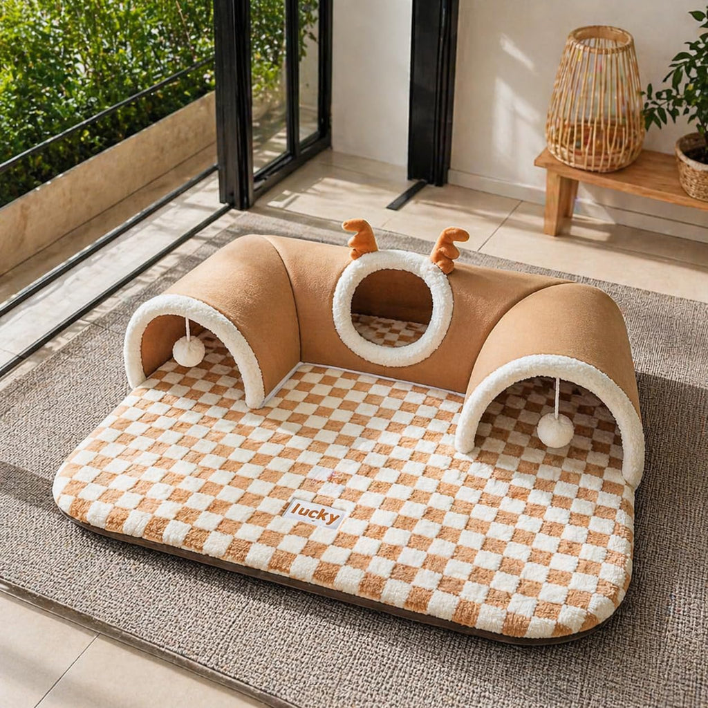 Cat Tunnel Bed for Indoor Cats, Removable Cute Cat Tunnel for Small Large Cats with Plush Balls Toys, Peekaboo Pet Cave Play Tunnel for Kitten, Puppy, Rabbit(Brown,Medium)