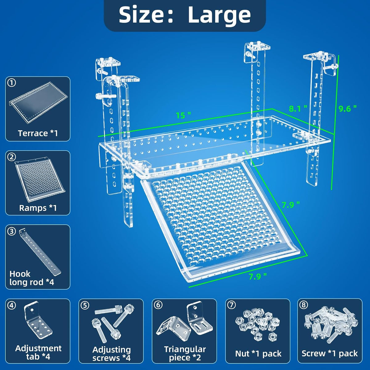 Adjustable Turtle Basking Platform with Ramp for 0.3-2" Rims (15x8.1)