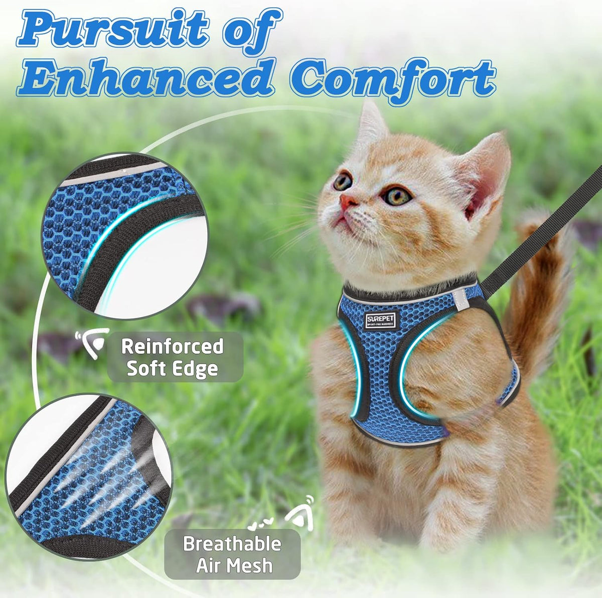 Cat Harness and Leash for Walking Escape Proof, Adjustable Kitten Vest Harness Reflective Soft Mesh Puppy Harness for Outdoor, Comfort Fit, Easy to Control (Blue, S)
