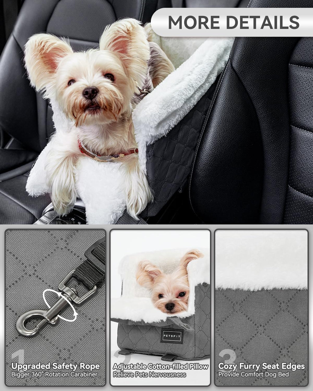 PETSFIT Center Console Dog Car Seat with Adjustable Seat-Rail Anchor Hooks