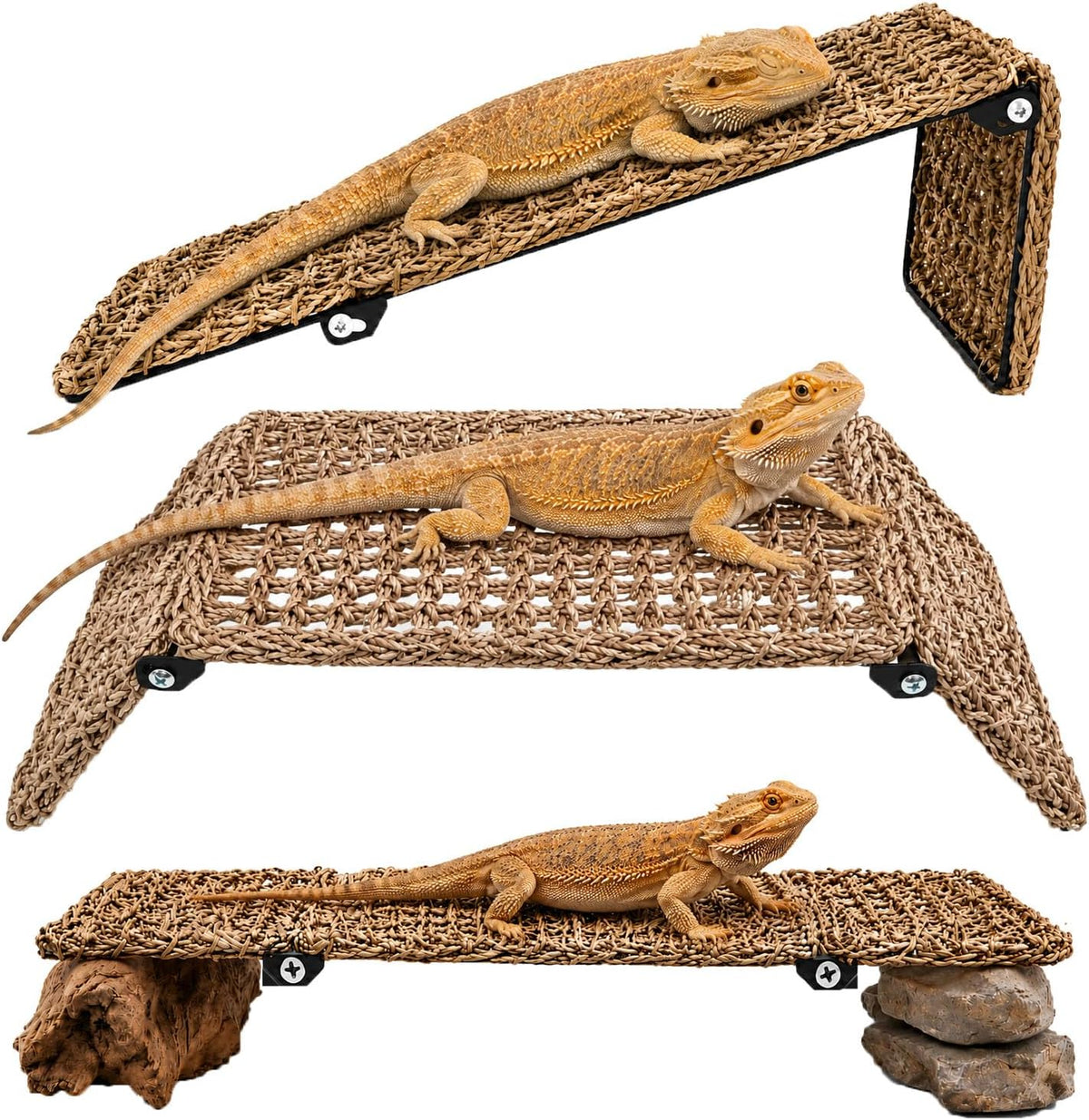 Foldable Bearded Dragon Bed with Reinforced Steel Frame, Adjustable 3-Panel Seagrass Reptile Lounger, Multi-Angle Climbing Ramp, Basking Platform & Lizard Hammock for Reptile Tank Accessories