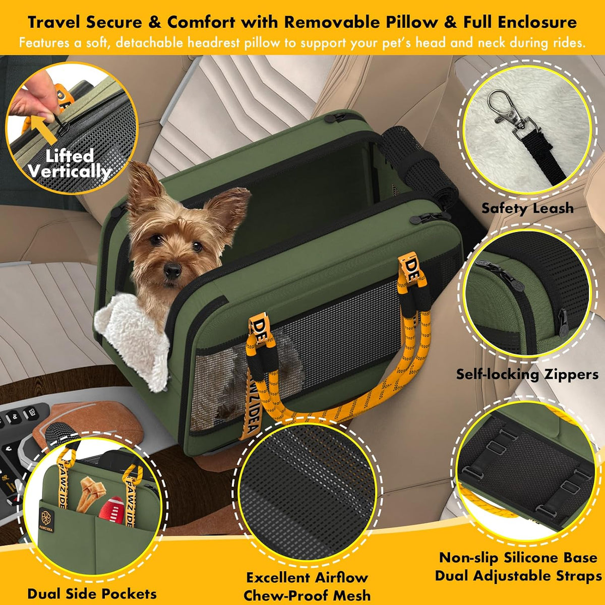 PAWZIDEA Center Console Dog Car Seat, Secure Straps & Anti Slip, Up to 12lb