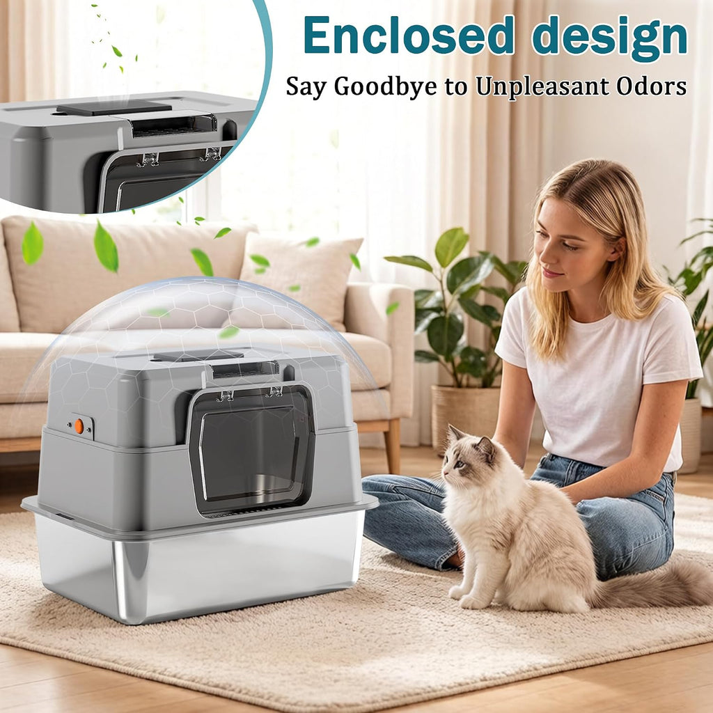 Stainless Steel Cat Litter Box with Lid, High Side Enclosed Kitty Litter Pan, Covered Metal Base Cat Box with Litter Scoop, Easy to Clean, Non-Stick, Odor-Free, Grey