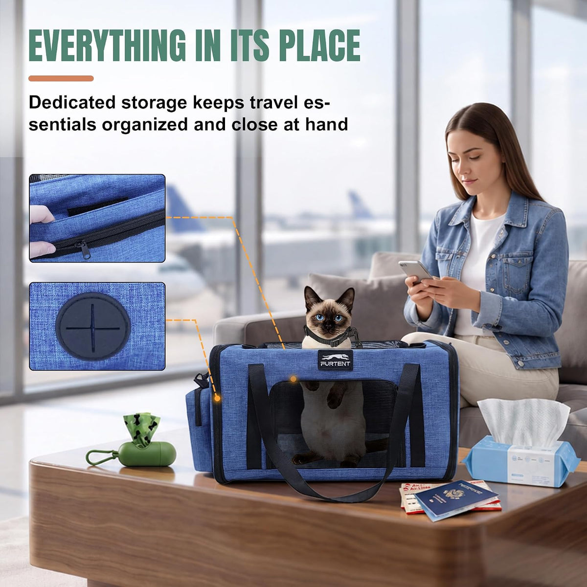 Soft-Sided Cat Carrier with Foldable Litter Box for Air Travel, Blue