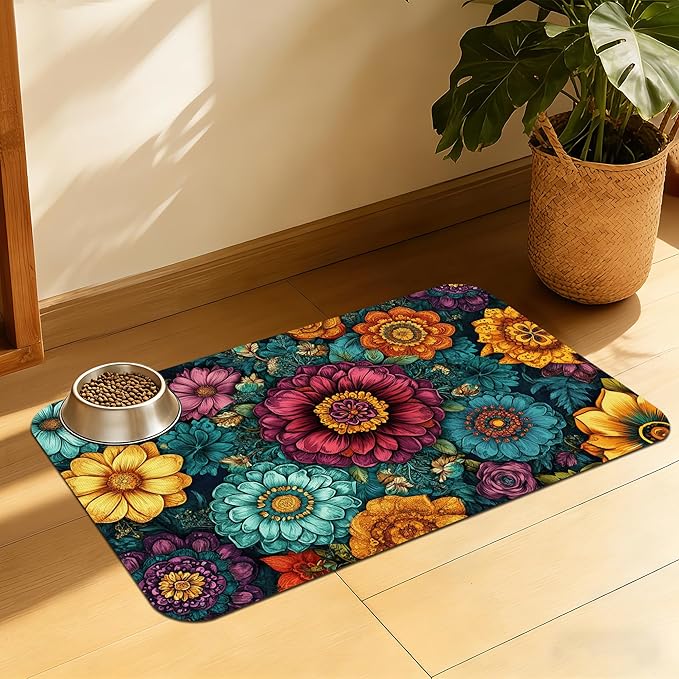 Vintage Floral Pet Feeding Mat, Fast-Dry Absorbent Dog and Cat Bowl Mat by QSOQSO