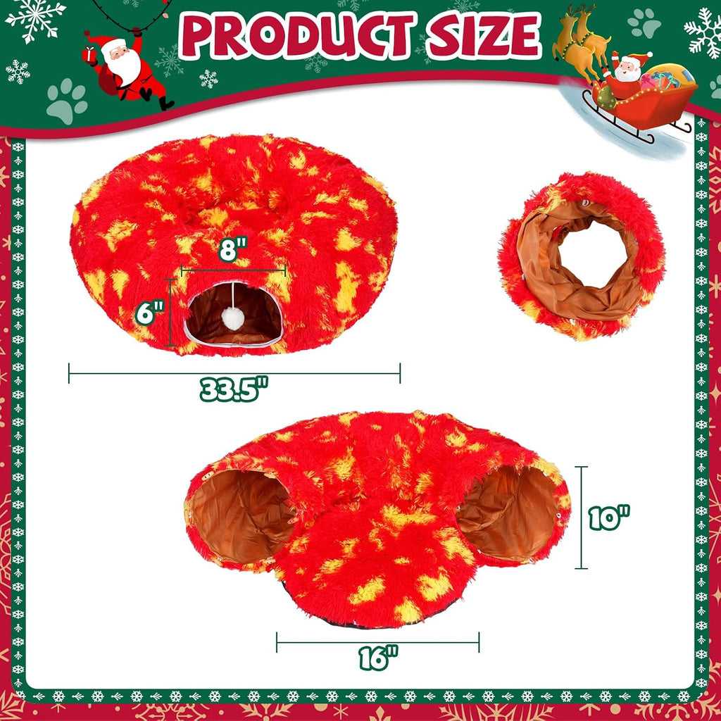TIMIEEYA Cat Tunnel Christmas Tree Skirt - Christmas Cat Toy Circle Tunnel with Toy Ball, Soft Plush Multifunctional Decorative Cats Tunnels Bed for Indoor Cats(Red)