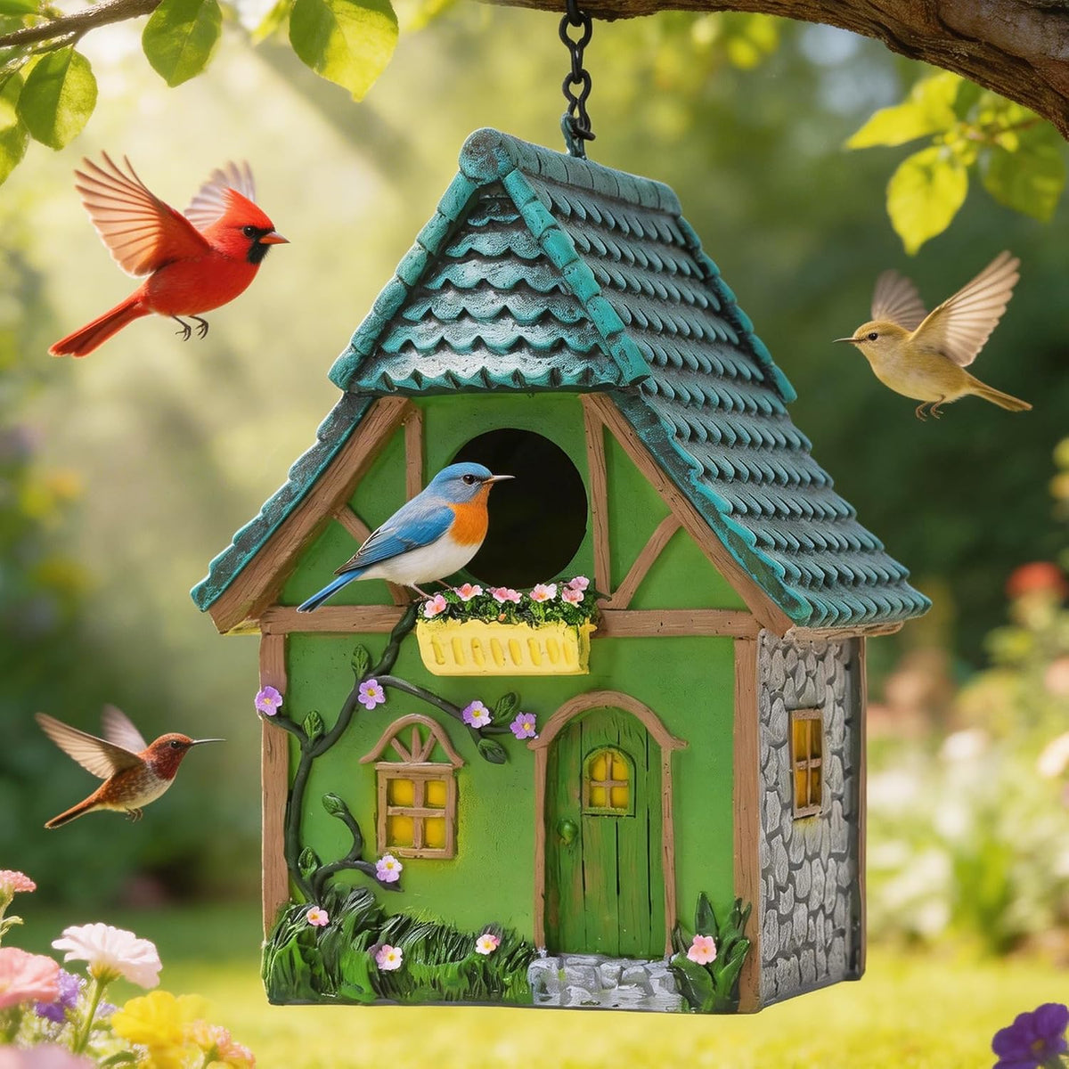 Bird House for Outside, Resin Decorative Birdhouses for Outdoors for Bluebird Finch Cardinals, Bird Nesting Garden, Patio, Yard, Best Birthday Day Gift for Bird Lover Mom