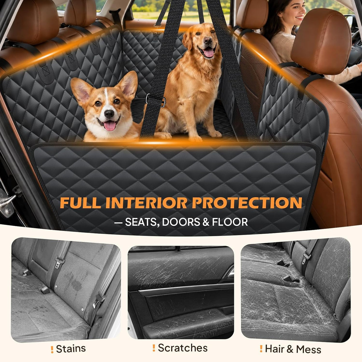 Hard Bottom Dog Car Seat Cover, Back Seat Extender for Dogs Holds 500lbs