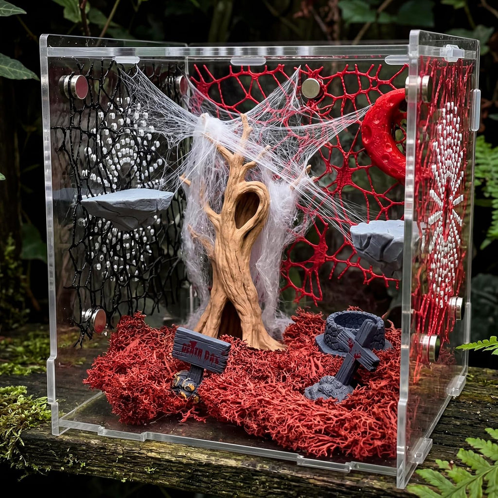 16 Pcs Jumping Spider Habitat Decor Kit - Gothic Tree Trunk Hide with 2 Magnetic Rock Ledges & Red Moon Platform - Spooky Dark Aesthetic Enclosure Accessories, Climbing Net & Moss Set