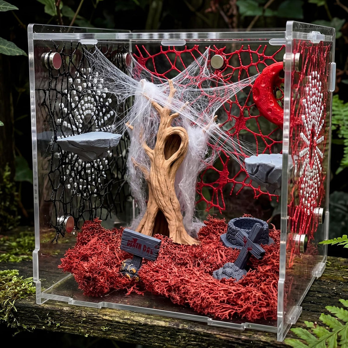 16 Pcs Jumping Spider Habitat Decor Kit - Gothic Tree Trunk Hide with 2 Magnetic Rock Ledges & Red Moon Platform - Spooky Dark Aesthetic Enclosure Accessories, Climbing Net & Moss Set