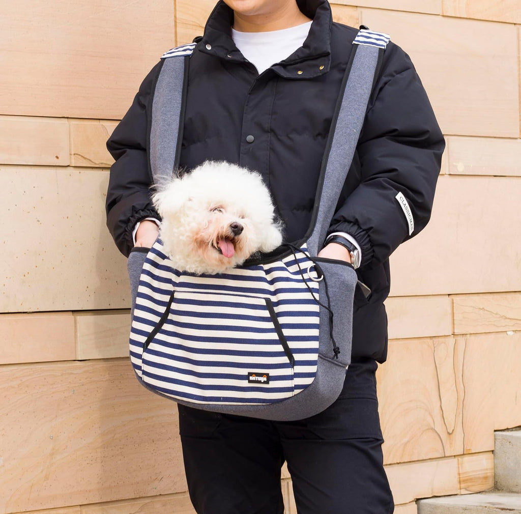 NATUYA Dog Sling Carrier Puppy Carrier, Adjustable Pet Front Sling Carrier Travel Bag with Bottom Pad, Pet Carrier for Small Dog Cat Puppy Traveling Hiking Camping (Bule Strip, 8-15 lb)