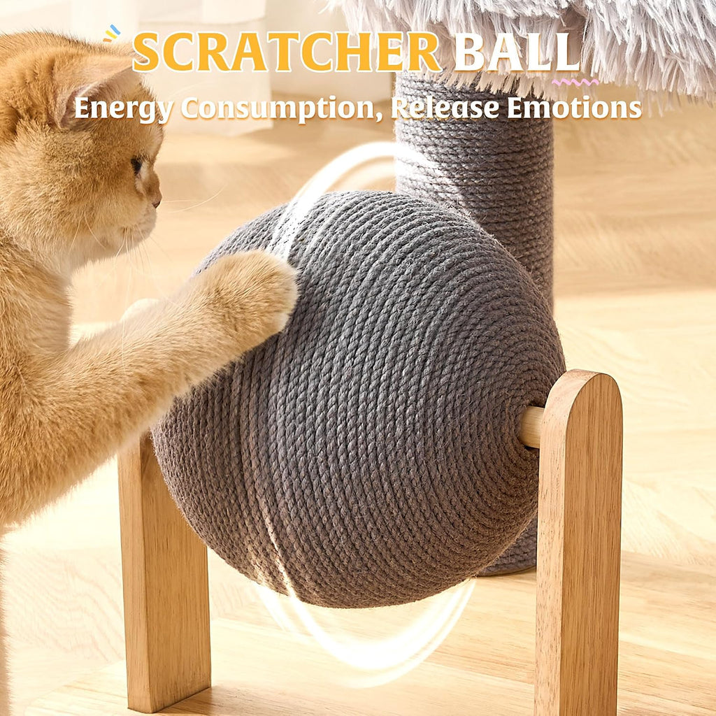 Solid Wood Cat Tree Tower with Scratching Post, 52 Inches Tall Cat Towers with Scratching Board and Scratcher Ball, Modern Cat Tower with Space Capsule and Removable Top Bed for Indoor Cats