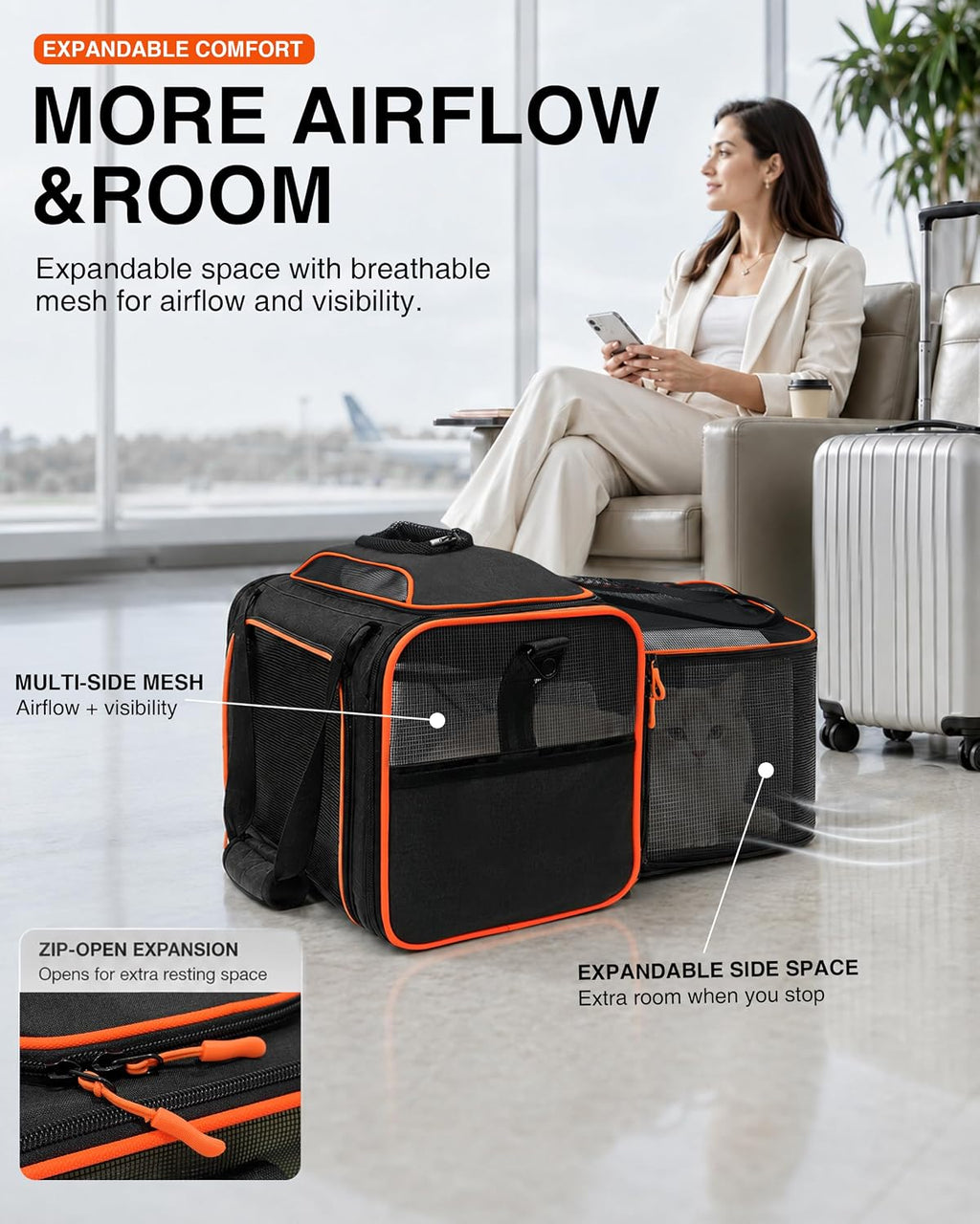 Airline Approved Expandable Soft-Sided Pet Carrier (Orange Black).