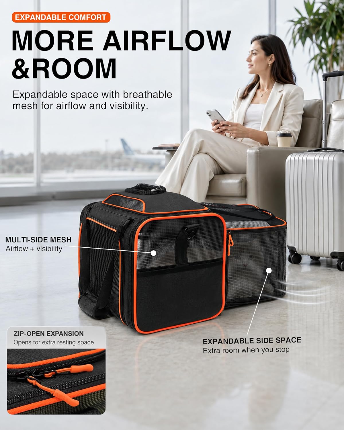 Airline Approved Expandable Soft-Sided Pet Carrier (Orange Black).