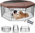NEZUC Foldable Metal Dog Exercise Playpen Gate Fence Dog Crate 8 Panels 24 Inch Height Puppy Kennels with Top Cover/Bottom Pad for Animals Outdoor Indoor (Playpen+Top Cover, Brown, 24" H)