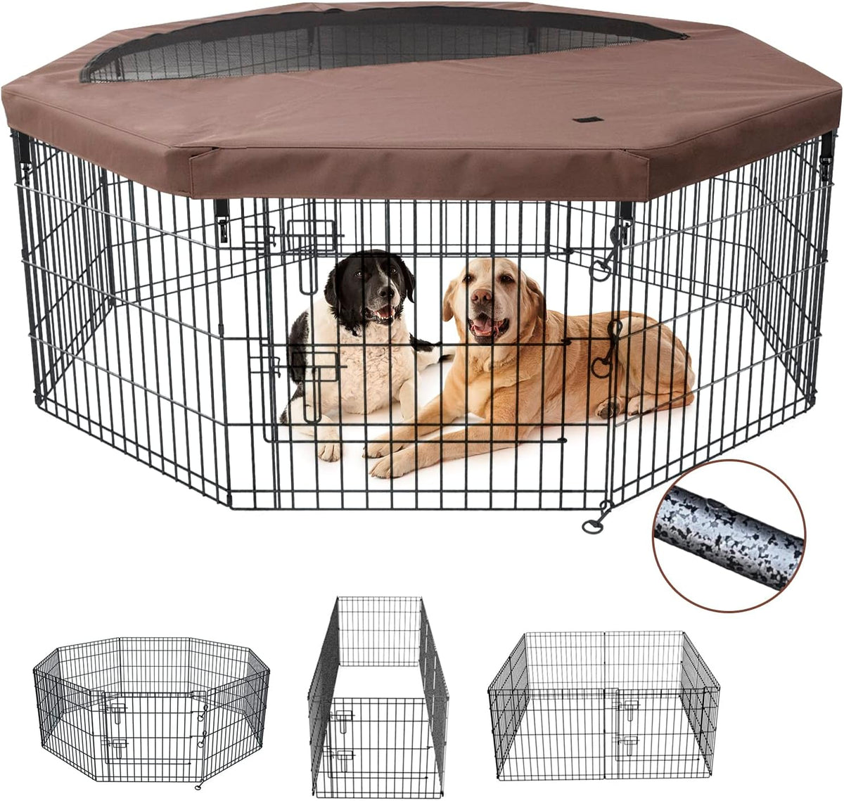 NEZUC Foldable Metal Dog Exercise Playpen Gate Fence Dog Crate 8 Panels 24 Inch Height Puppy Kennels with Top Cover/Bottom Pad for Animals Outdoor Indoor (Playpen+Top Cover, Brown, 24" H)