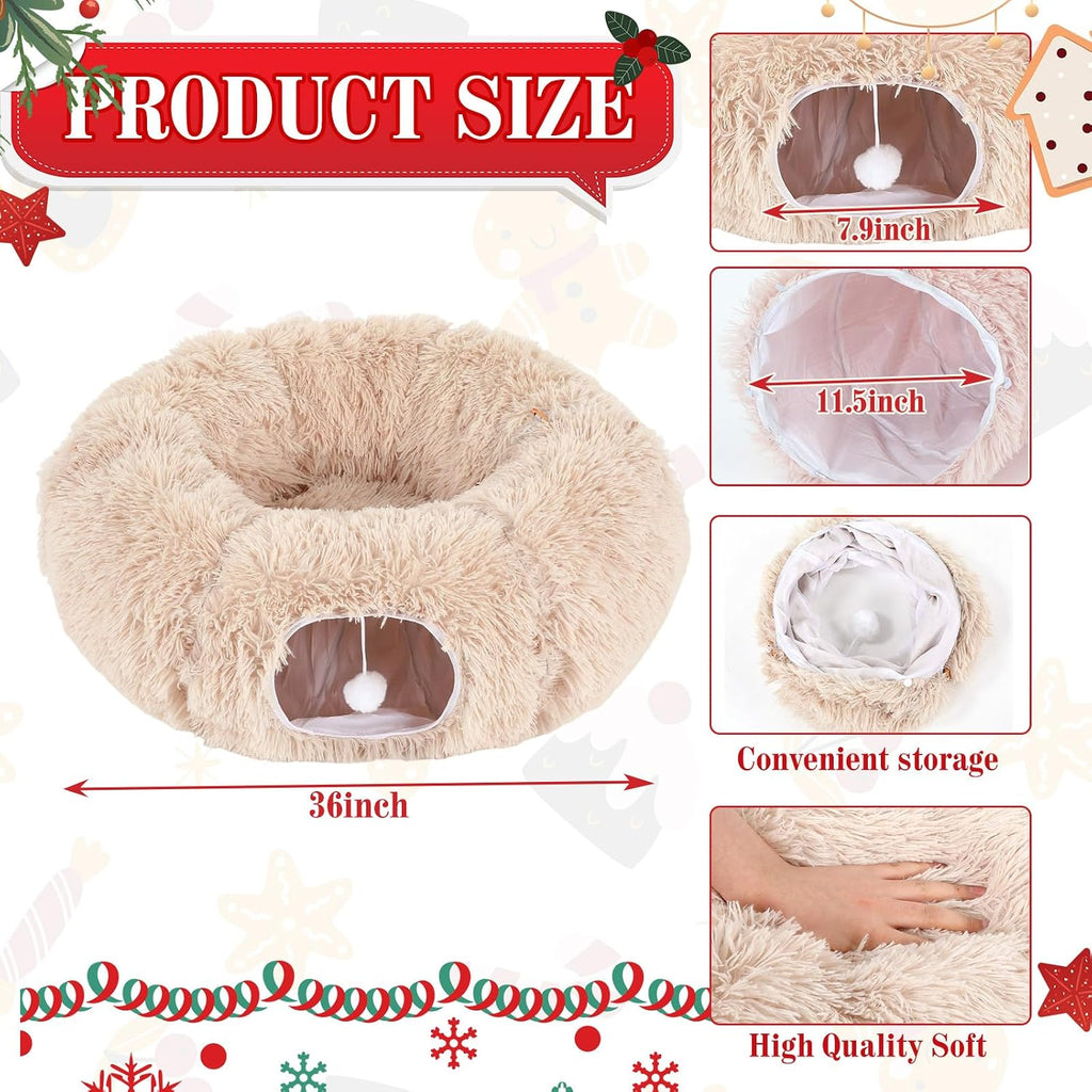 Christmas Tree Cat Tunnel 36 in Donut Bed, Beige, Plush, Fluffy