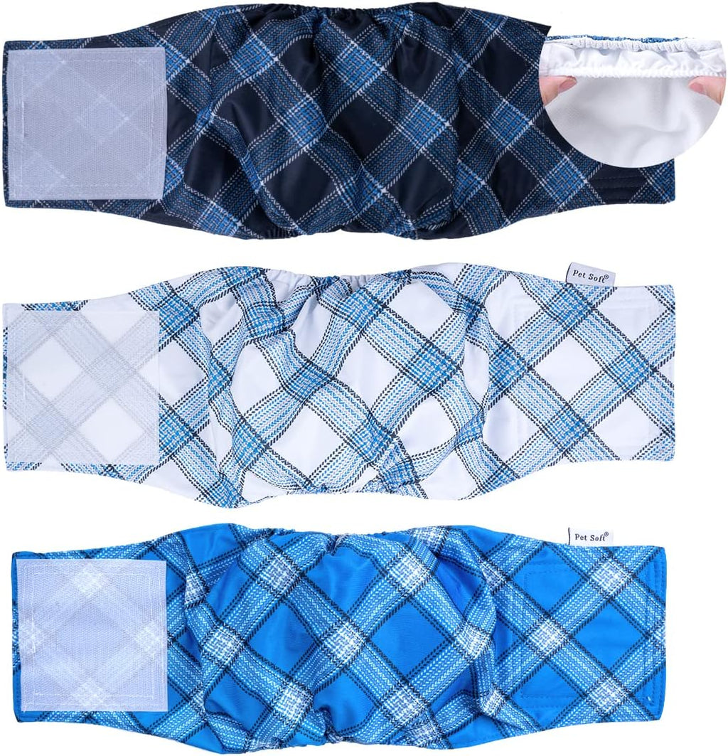 Pet Soft Dog Belly Bands - Washable Dog Diapers Belly Band for Male Dogs, Reusable Male Dogs Wraps 3pack for Doggy Puppy (Blue Plaid, M)